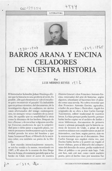 Barros Arana y Encina celadores de nuestra historia  [artículo] Luis Merino Reyes.