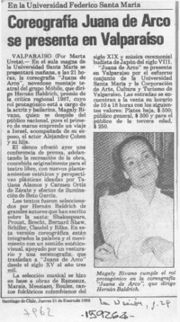 Coreografía Juana de Arco se presenta en Valparaíso  [artículo] Marta Ureta.