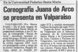Coreografía Juana de Arco se presenta en Valparaíso  [artículo] Marta Ureta.