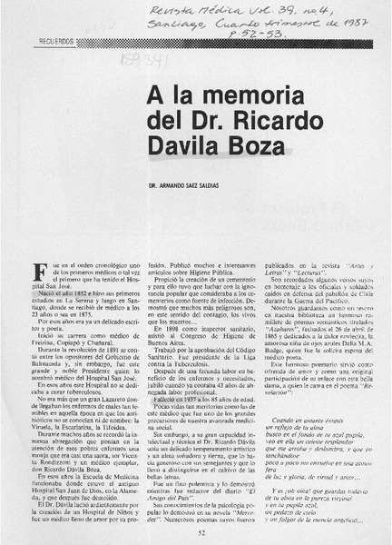 A la memoria del Dr. Ricardo Dávila Boza  [artículo] Armando Sáez Saldías.