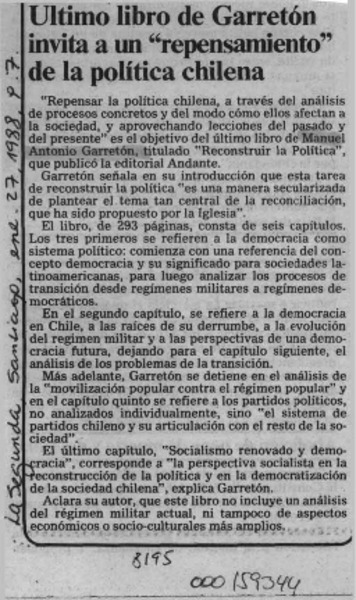 Ultimo libro de Garretón invita a un "repensamiento" de la política chilena  [artículo].