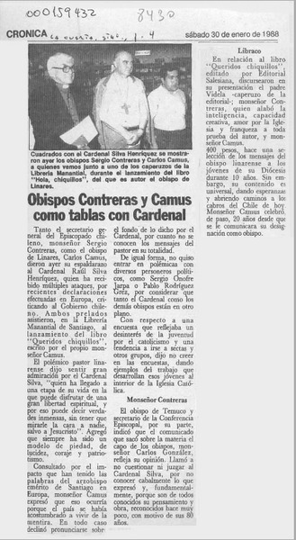 Obispos Contreras y Camus como tablas con Cardenal  [artículo].