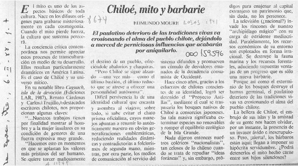 Chiloé, mito y barbarie  [artículo] Edmundo Moure.