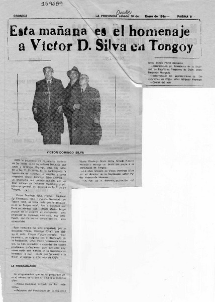Esta mañana es el homenaje a Víctor D. Dilva en Tongoy  [artículo].