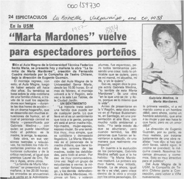 "Marta Mardones" vuelve para espectadores porteños  [artículo].