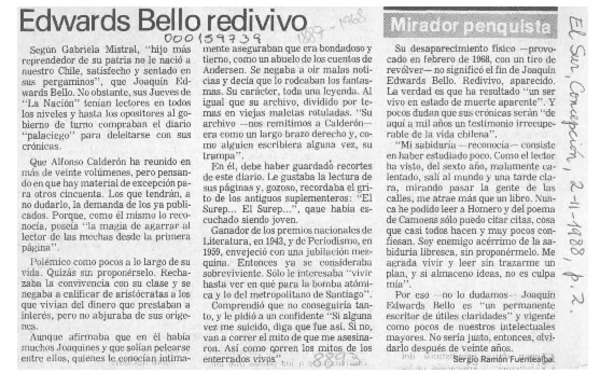 Edwards Bello redivivo  [artículo] Sergio Ramón Fuentealba.