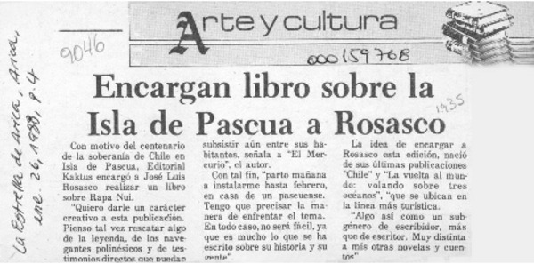 Encargan libro sobre la Isla de Pascua a Rosasco  [artículo].