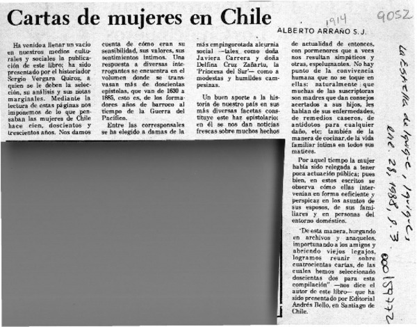 Cartas de mujeres en Chile  [artículo] Alberto Arraño.