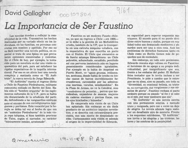 La importancia de ser Faustino  [artículo] David Gallagher.