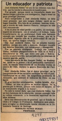 Un educador y patriota  [artículo] Rodolfo Núñez Durán.