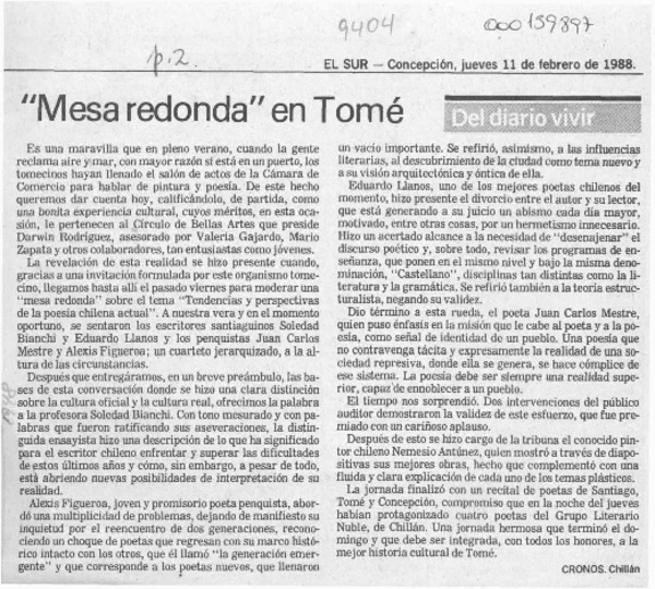 "Mesa redonda" en Tomé  [artículo] Cronos.