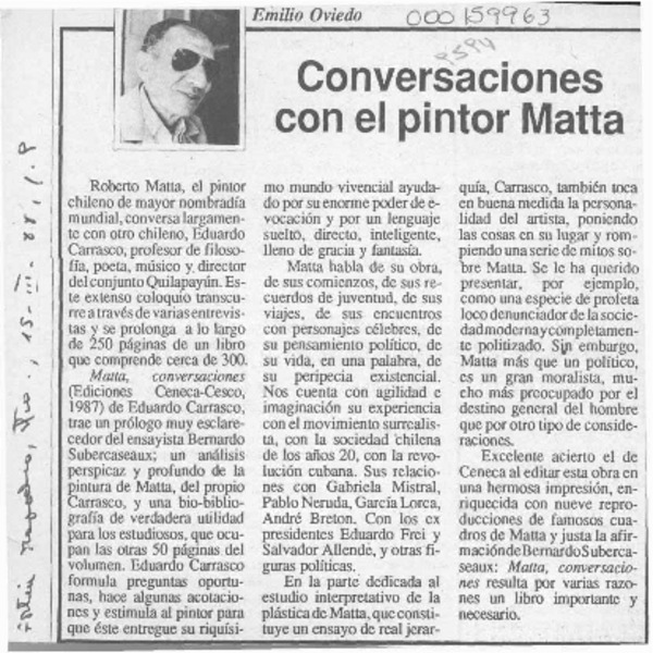 Conversaciones con el pintor Matta  [artículo] Emilio Oviedo.