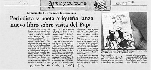 Periodista y poeta ariqueña lanza nuevo libro sobre visita del Papa  [artículo].