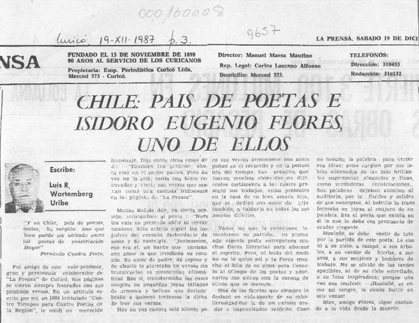 Chile, país de poetas e Isidoro Eugenio Flores, uno de ellos  [artículo] Luis R. Wartemberg Uribe.