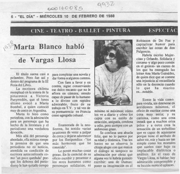 Marta Blanco habló de Vargas Llosa  [artículo].