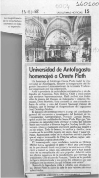 Universidad de Antofagasta homenajeó a Oreste Plath  [artículo].