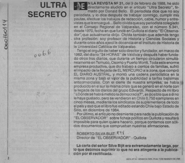 Ultra secreto  [artículo] Roberto Silva Bijit.