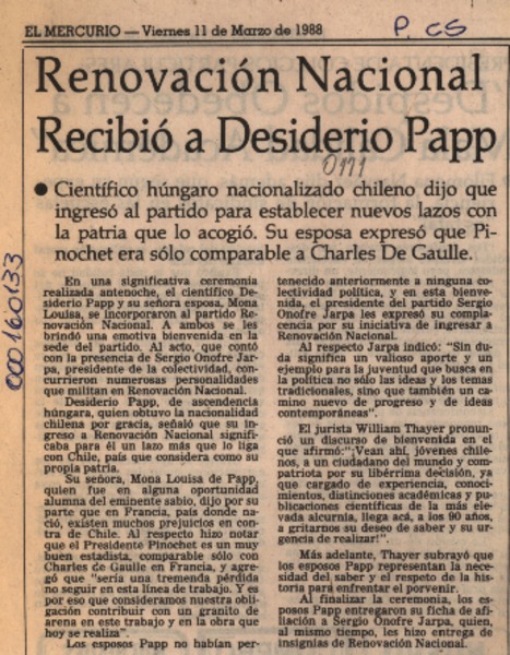 Renovación Nacional recibió a Desiderio Papp  [artículo]