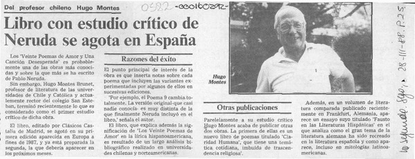 Libro con estudio crítico de Neruda se agota en España  [artículo].