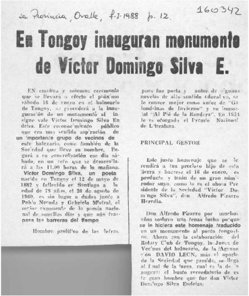 En Tongoy inauguran monumento de Víctor Domingo Silva E.  [artículo].