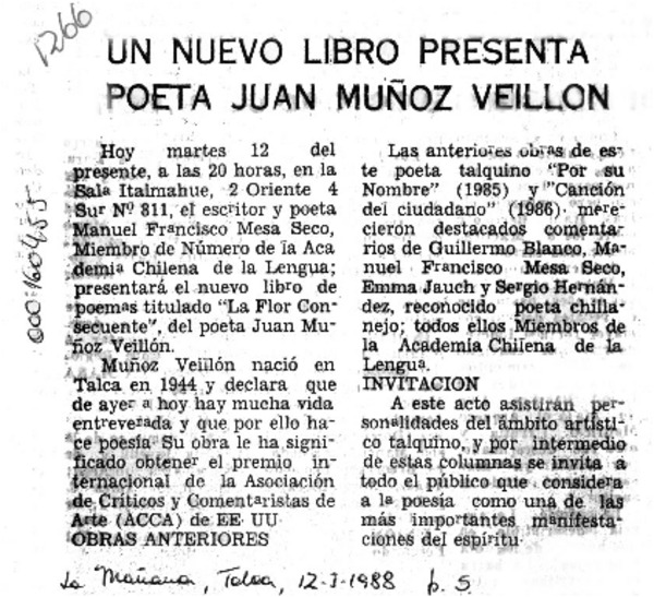 Un Nuevo libro presenta poeta Juan Muñoz Veillon  [artículo].