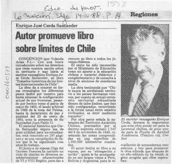 Autor promueve libro sobre límites en Chile  [artículo] Yolanda Arias F.