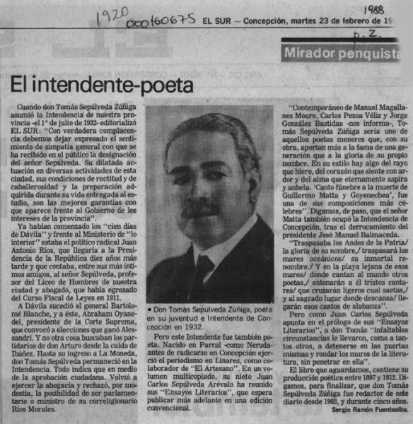 El intendente-poeta  [artículo] Sergio Ramón Fuentealba.