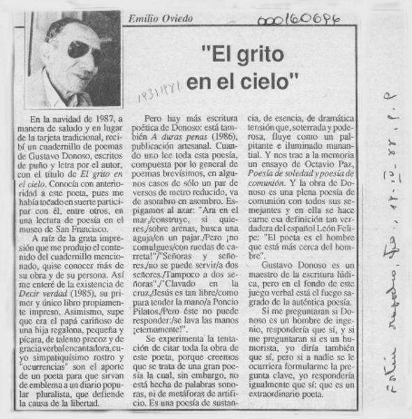 "El grito en el cielo"  [artículo] Emilio Oviedo.
