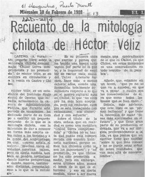 Recuento de la mitología chilota de Héctor Véliz  [artículo] A. Yurac.