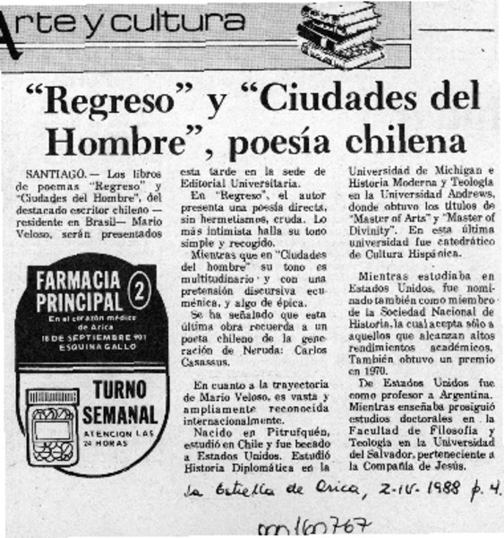 "Regreso" y "Ciudades del hombre", poesía chilena  [artículo].