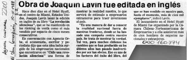 Obra de Joaquín Lavín fue editada en inglés  [artículo].