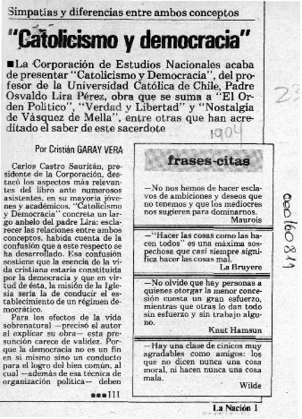 "Catolicismo y democracia"  [artículo] Cristián Garay Vera.