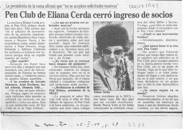 Pen Club de Eliana Cerda cerró ingreso de socios  [artículo].
