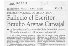 Falleció el escritor Braulio Arenas Carvajal  [artículo].