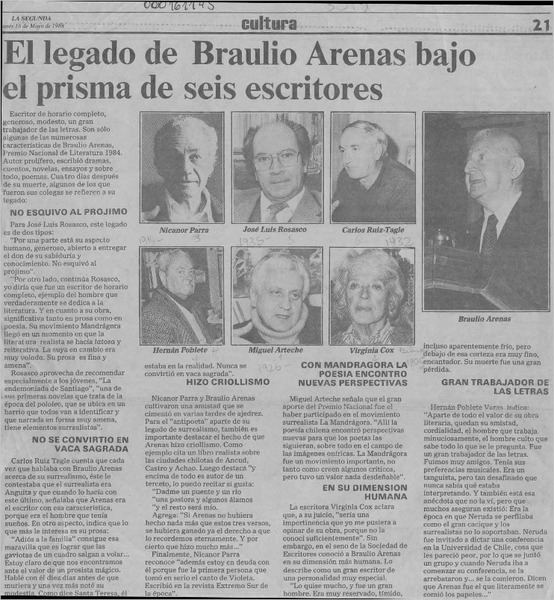 El Legado de Braulio Arenas bajo el prisma de seis escritores  [artículo].