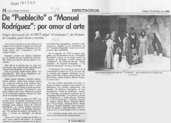 De "Pueblecito" a "Manuel Rodríguez", por amor al arte  [artículo] Carmen Mera O.