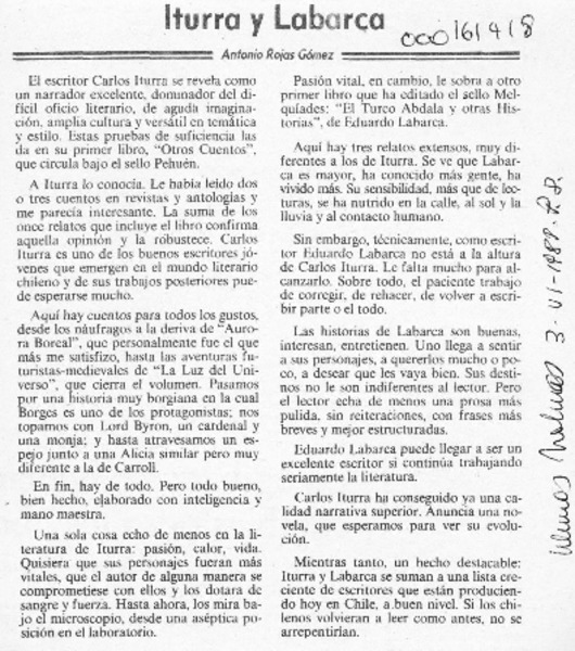 Iturra y Labarca  [artículo] Antonio Rojas Gómez.