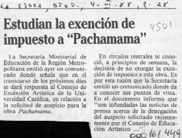 Estudian la exención de impuesto a "Pachamama"  [artículo].