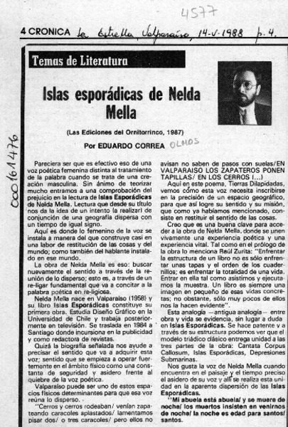 Islas esporádicas de Nelda Mella  [artículo] Eduardo Correa.
