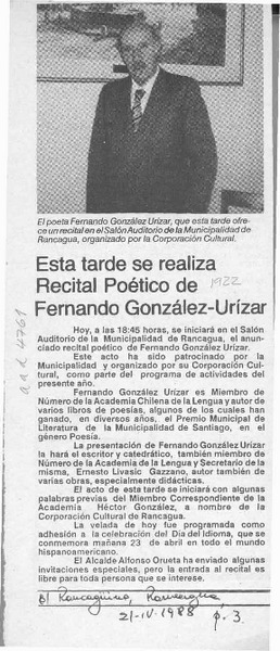 Esta tarde se realiza recital poético de Fernando González-Urízar  [artículo].