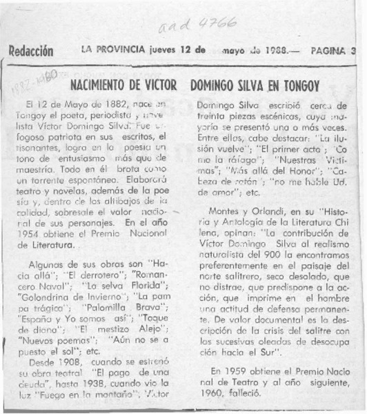 Nacimiento de Víctor Domingo Silva en Tongoy  [artículo].