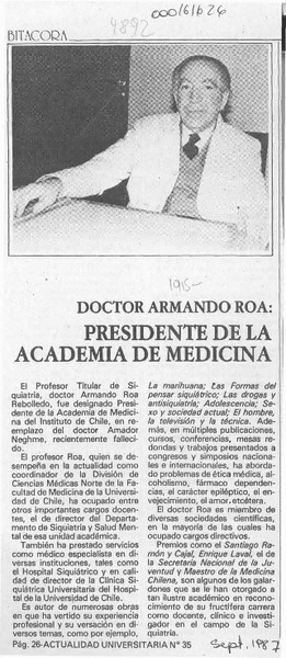 Doctor Armando Roa, Presidente de la Academia de Medicina  [artículo].