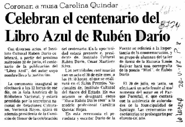 Celebran el centenario del libro Azul de Rubén Darío  [artículo].