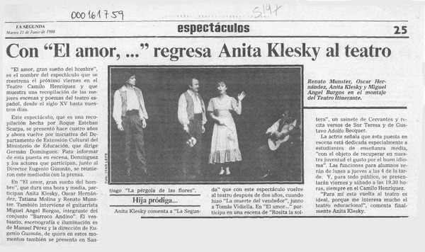 Con "El amor, -- " regresa Anita Klesky al teatro  [artículo].