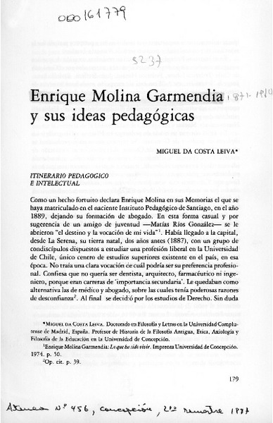 Enrique Molina Garmendia y sus ideas pedagógicas  [artículo] Miguel Da Costa Leiva.