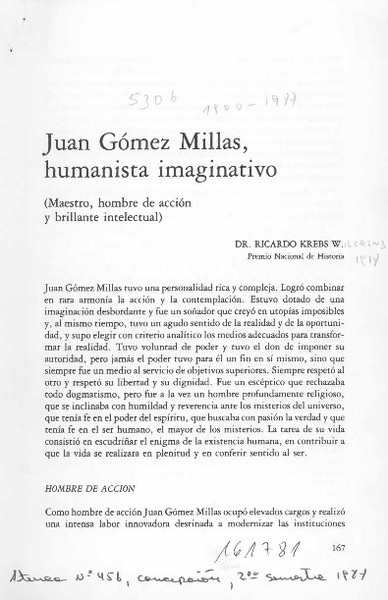 Juan Gómez Millas, humanista imaginativo  [artículo] Ricardo Krebs W.