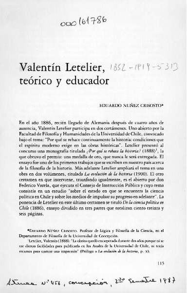 Valentín Letelier, teórico y educador  [artículo] Eduardo Núñez Crisosto.