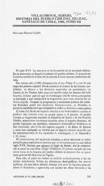 Villalobos R., Sergio, Historia del pueblo chileno, Zig-Zag, Santiago de Chile, 1986, tomo III  [artículo] Marciano Barrios Valdés.