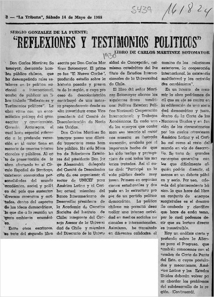 "Reflexiones y testimonios políticos"  [artículo] Sergio González de la Fuente.