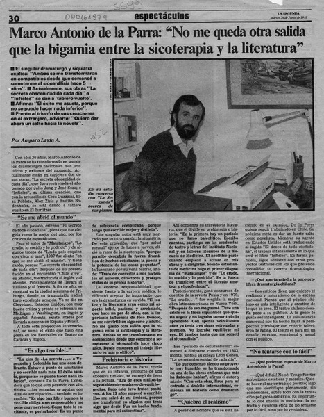 Marco Antonio de la Parra, "No me queda otra salida que la bigamia entre la sicoterapia y la literatura"  [artículo] Amparo Lavín A.